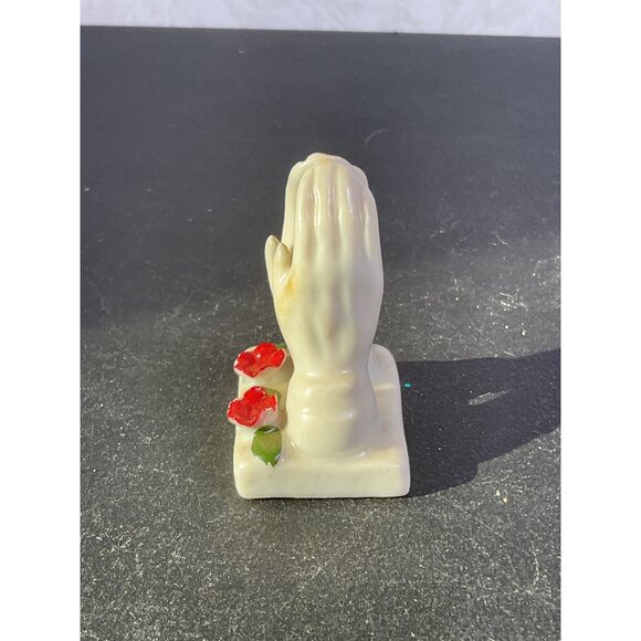Vintage Ceramic Praying Hands Figurine With Red Flowers - Picture 5 of 7